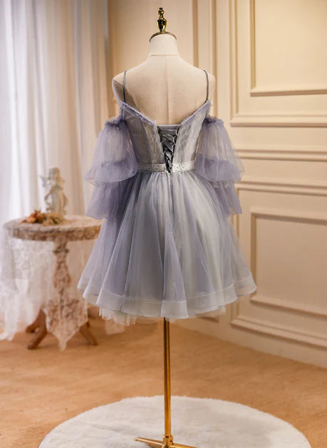 Light Purple Tulle Lace V Neck Spaghetti straps Short Party Dress Homecoming Dress