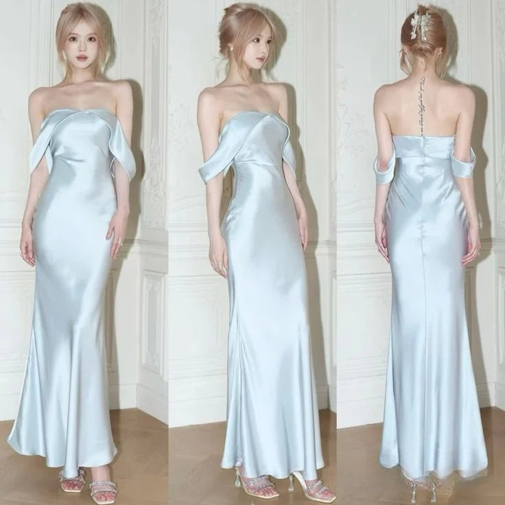 Light Sky Silk Satin Mermaid Off The Shoulder Floor-length Sleeveless Blue Prom Dresses