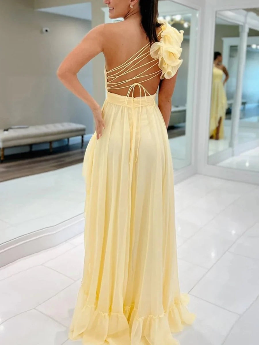 Light Yellow Chiffon One Shoulder Lace-Up Pleated Ruffle High-Low A-line Prom Dress With Asymmetrical Hem