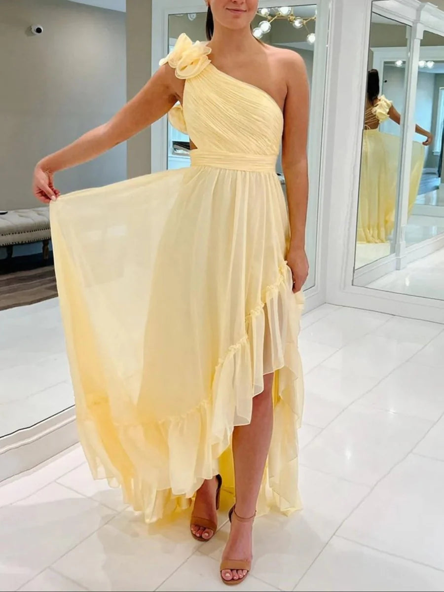 Light Yellow Chiffon One Shoulder Lace-Up Pleated Ruffle High-Low A-line Prom Dress With Asymmetrical Hem