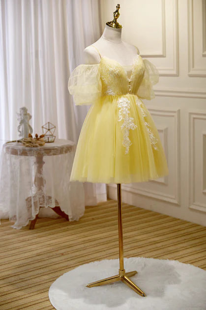 Light Yellow Tulle Lace Deep V Neck Puff Sleeves Party Dress Homecoming Dresses