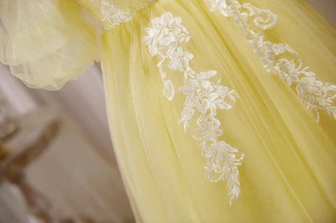 Light Yellow Tulle Lace Deep V Neck Puff Sleeves Party Dress Homecoming Dresses
