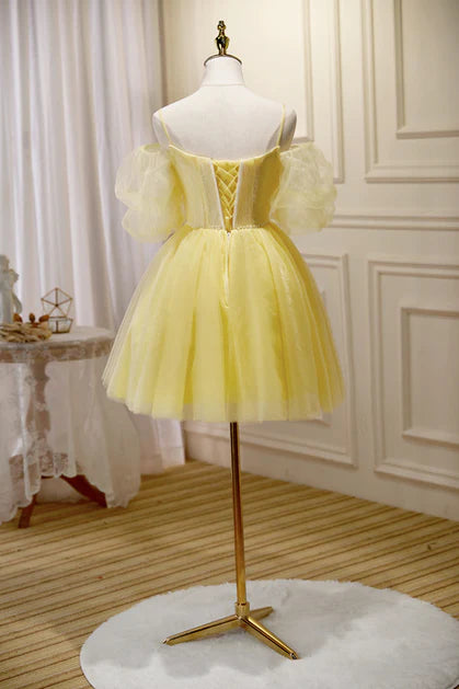 Light Yellow Tulle Lace Deep V Neck Puff Sleeves Party Dress Homecoming Dresses