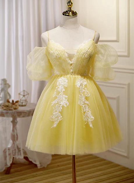 Light Yellow Tulle Lace Deep V Neck Puff Sleeves Party Dress Homecoming Dresses
