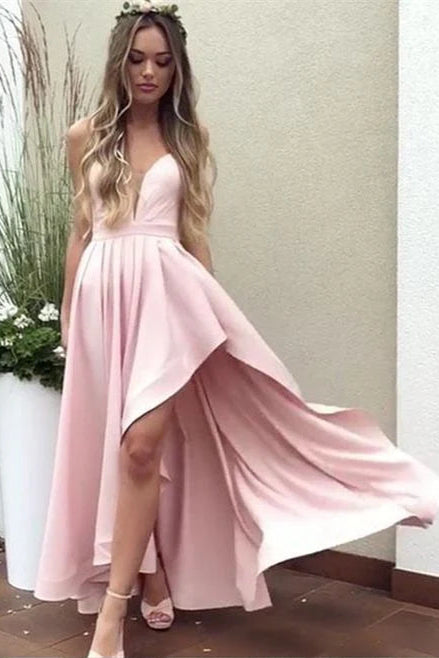 Light Pink Deep V Neck Prom Dress Spaghetti Strap Bridesmaid Dress With Asymmetrical Hem