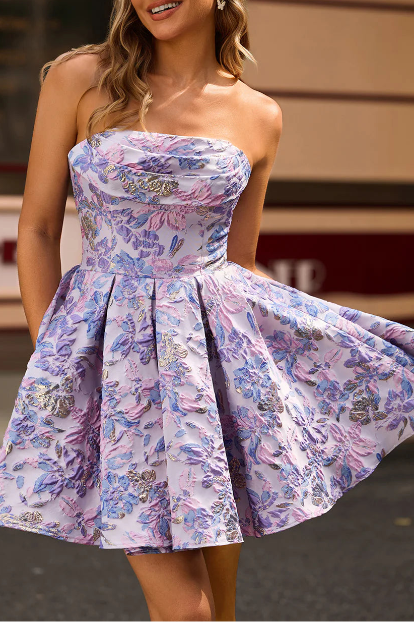 Lilac Brocade Floral Pleated Strapless A Line Short Homecoming Dress Beautiful Party Dress