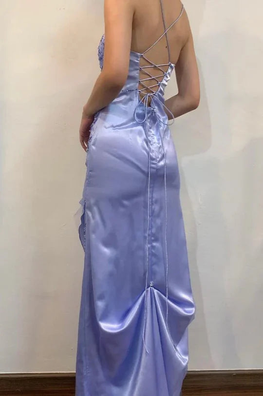 Lilac Elegant Spaghetti Straps Appliques Sheath Sleeveless Prom Dress