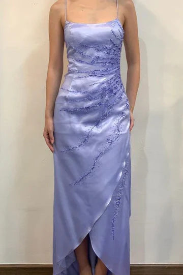 Lilac Elegant Spaghetti Straps Appliques Sheath Sleeveless Prom Dress