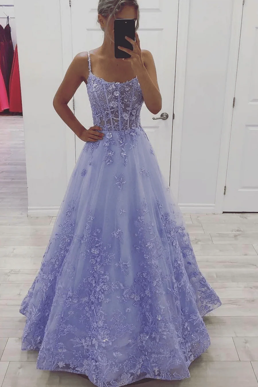 Lilac Elegant Tiered A-line Double Strap Lace Applique Sleeveless Long Ball Gown