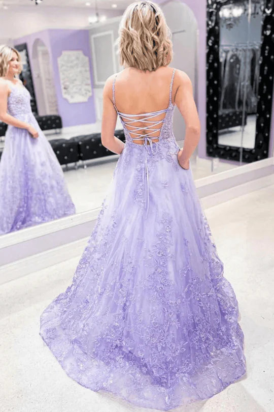 Lilac Elegant Tiered A-line Double Strap Lace Applique Sleeveless Long Ball Gown