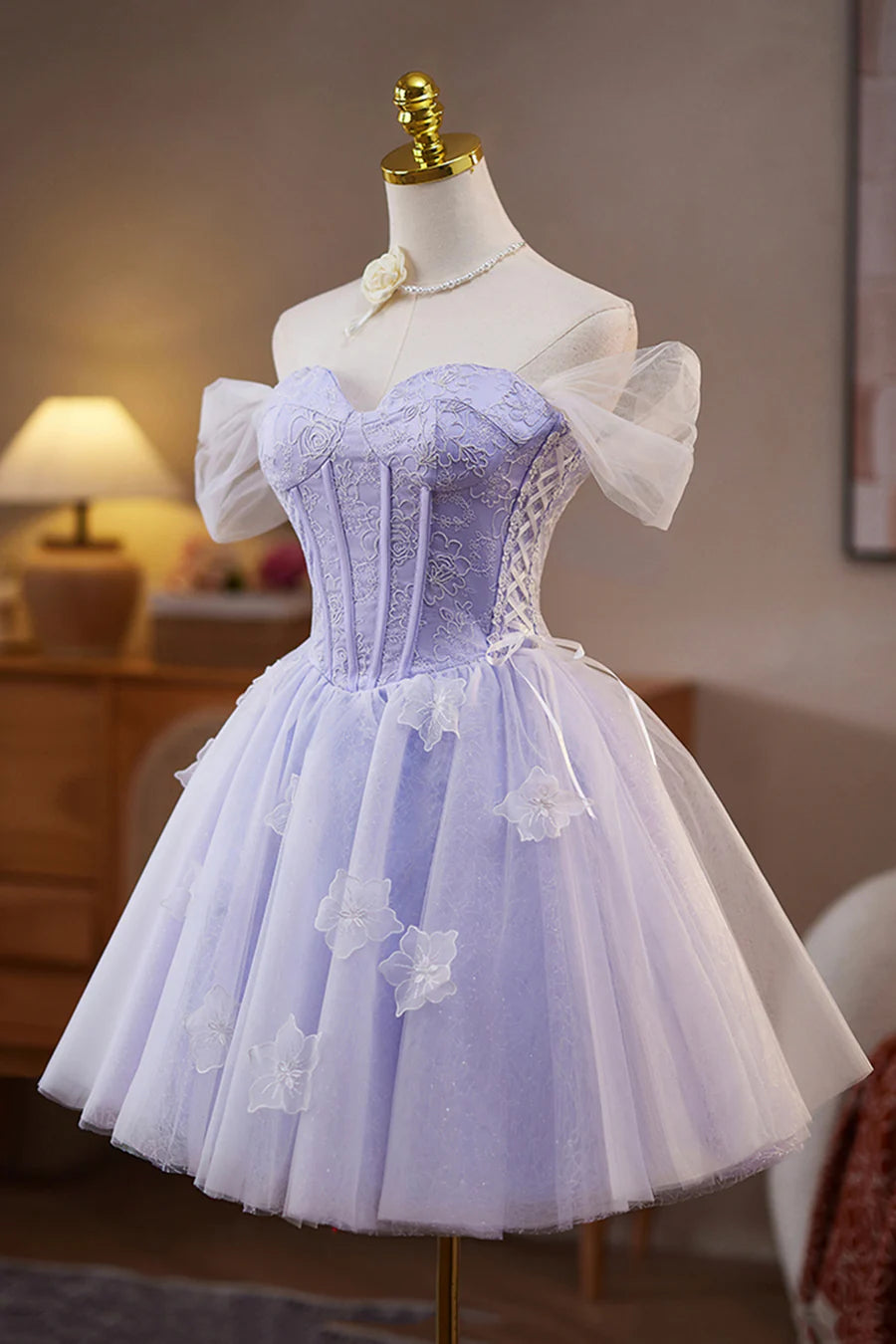 Lilac Lace With Applique Sweetheart Neck A-Line Short Prom Dress Birthday Party Dress
