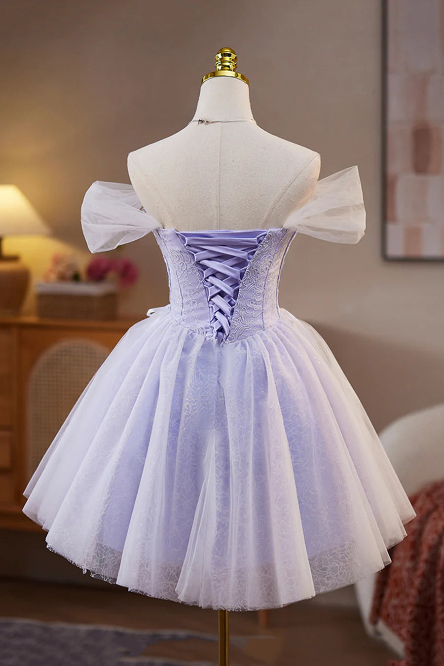 Lilac Lace With Applique Sweetheart Neck A-Line Short Prom Dress Birthday Party Dress