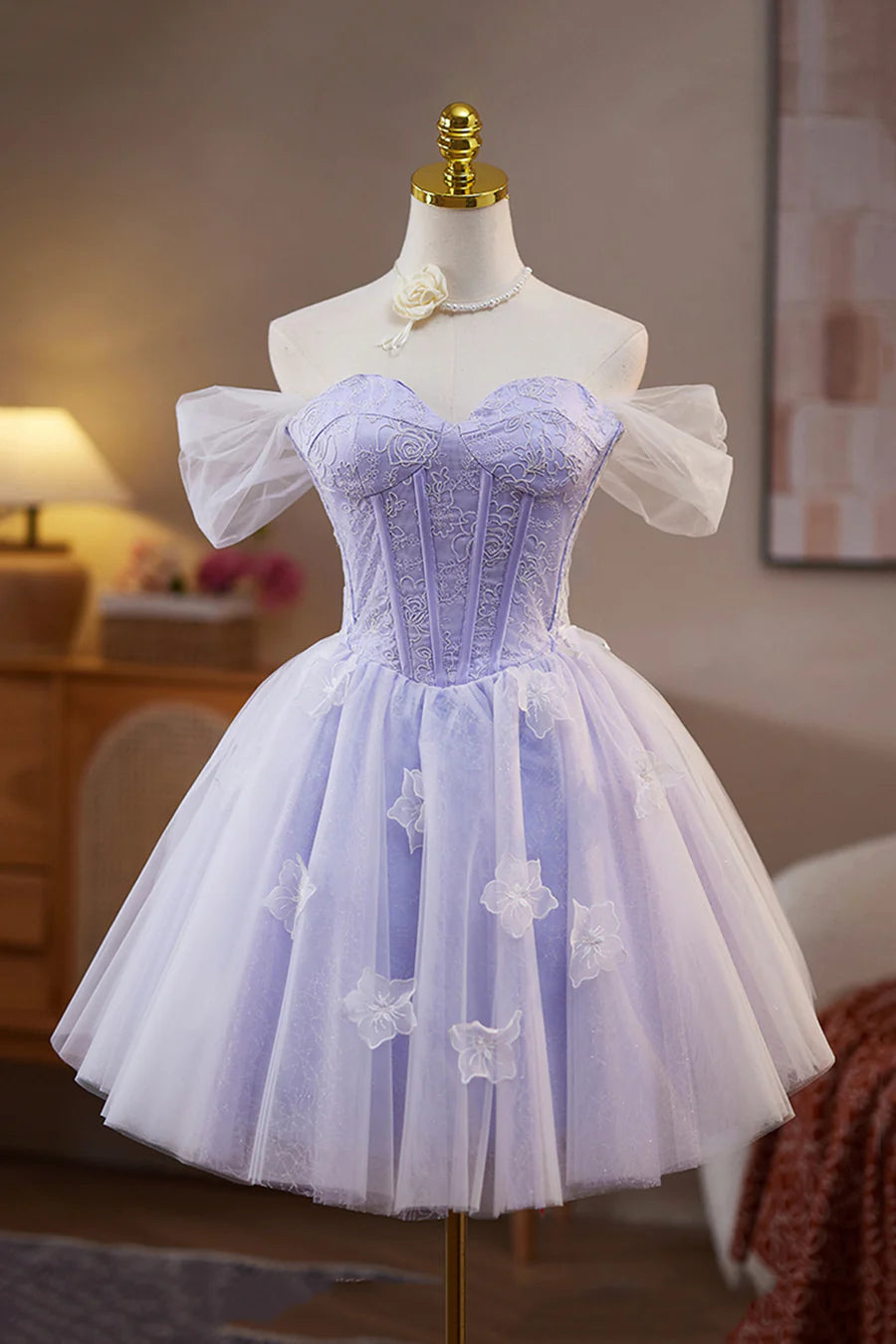 Lilac Lace With Applique Sweetheart Neck A-Line Short Prom Dress Birthday Party Dress