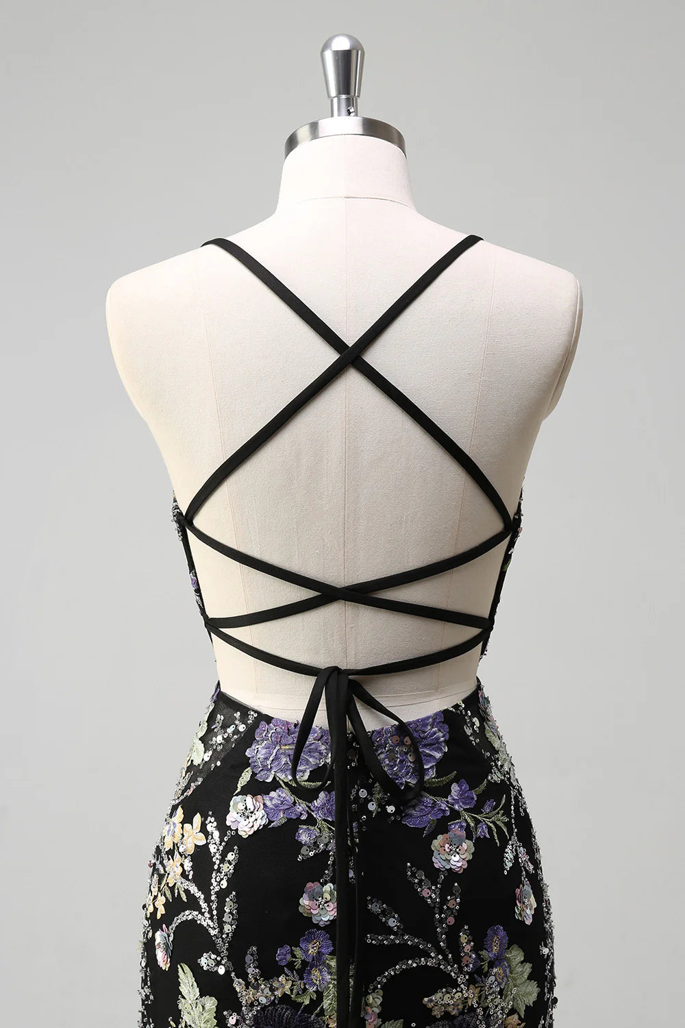 Lilac Mermaid Spaghetti Straps Sequins Long Prom Dress with Floral Appliques