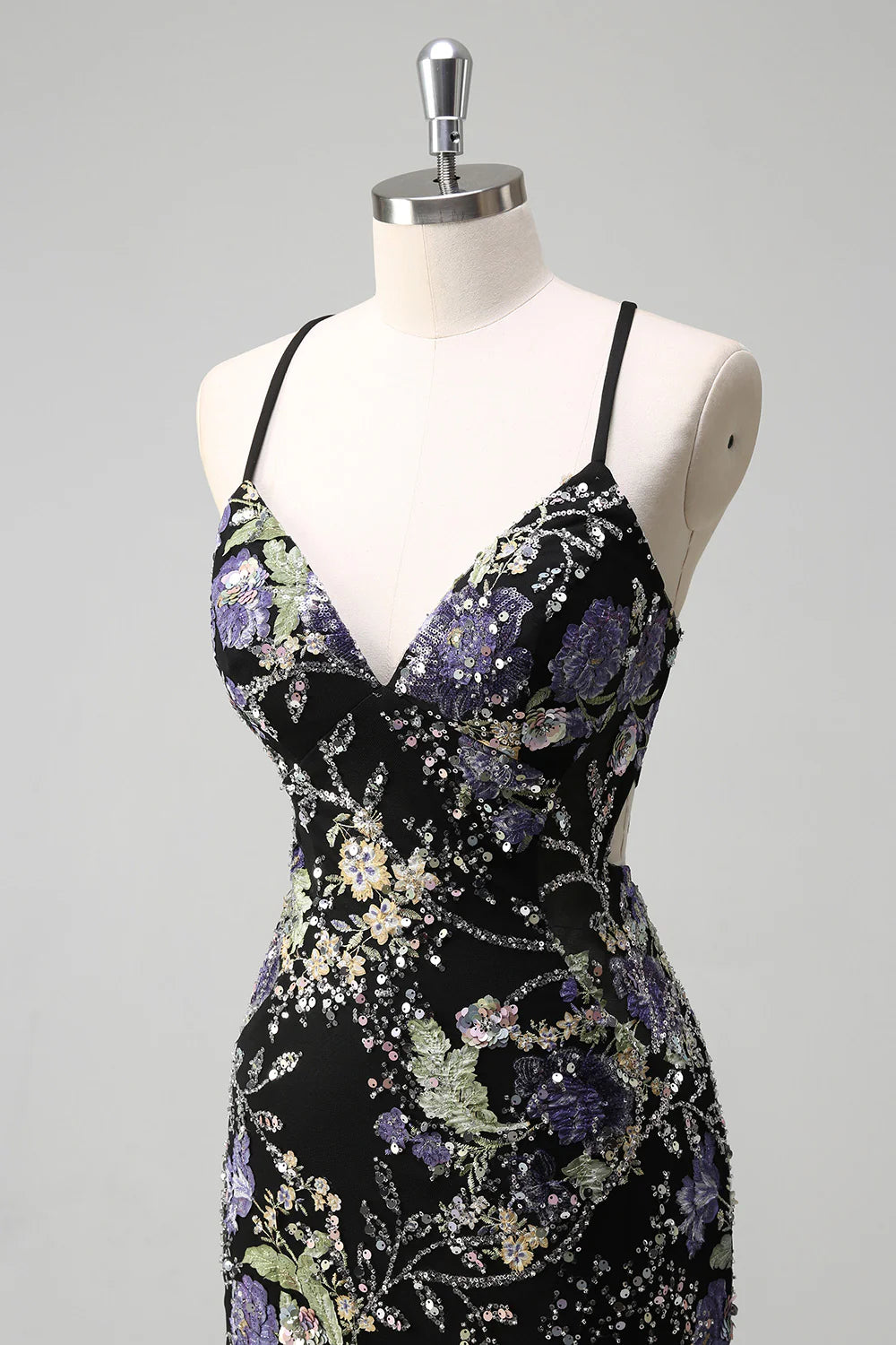 Lilac Mermaid Spaghetti Straps Sequins Long Prom Dress with Floral Appliques