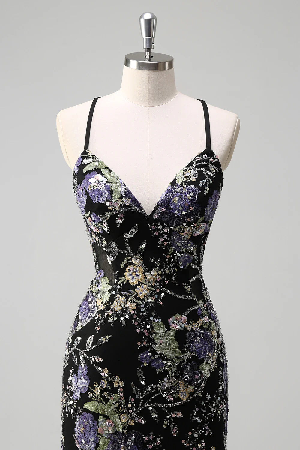 Lilac Mermaid Spaghetti Straps Sequins Long Prom Dress with Floral Appliques