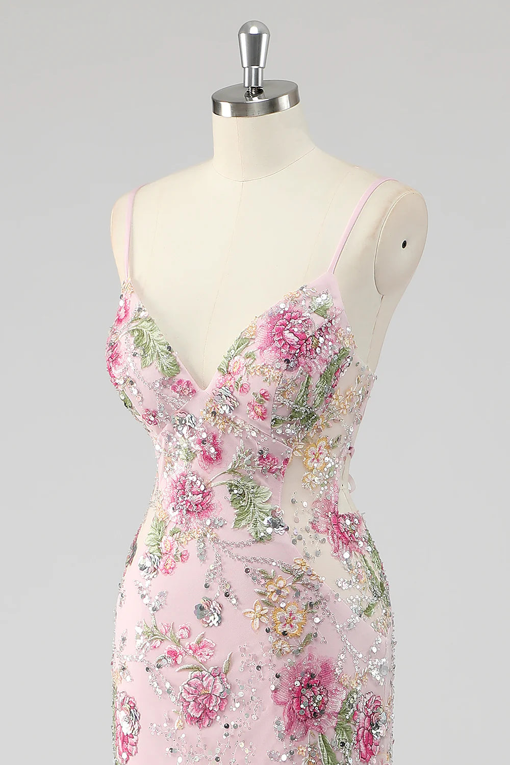 Lilac Mermaid Spaghetti Straps Sequins Long Prom Dress with Floral Appliques