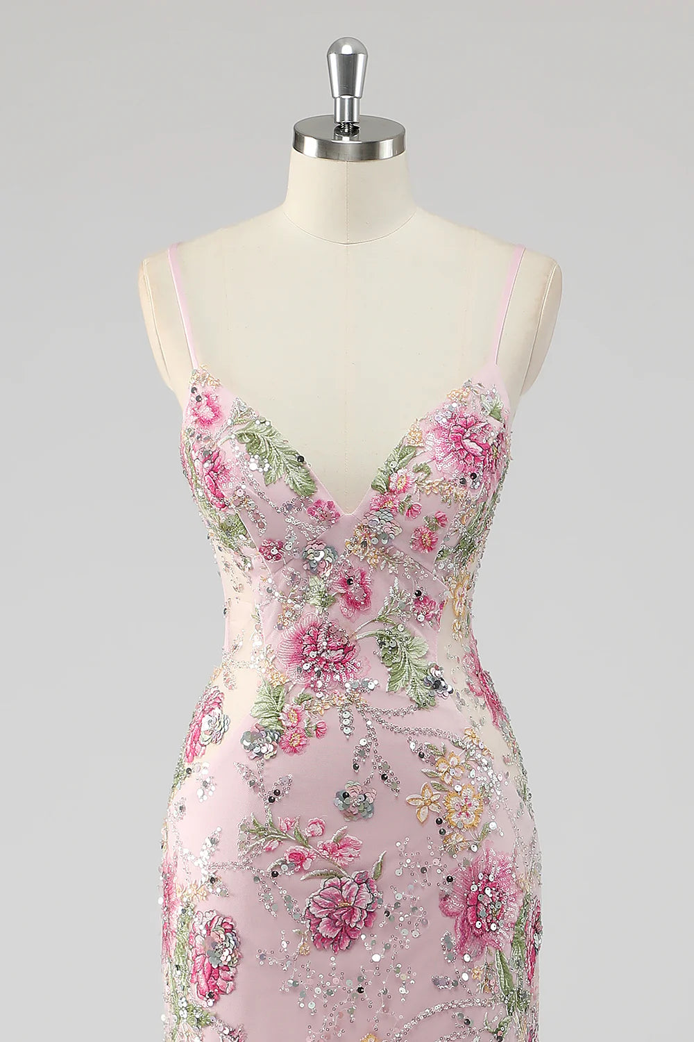 Lilac Mermaid Spaghetti Straps Sequins Long Prom Dress with Floral Appliques