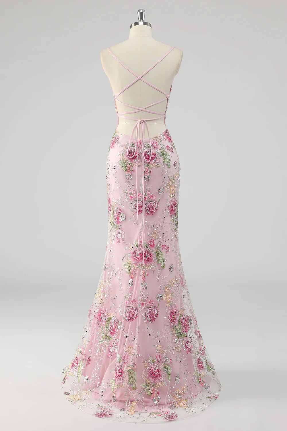 Lilac Mermaid Spaghetti Straps Sequins Long Prom Dress with Floral Appliques