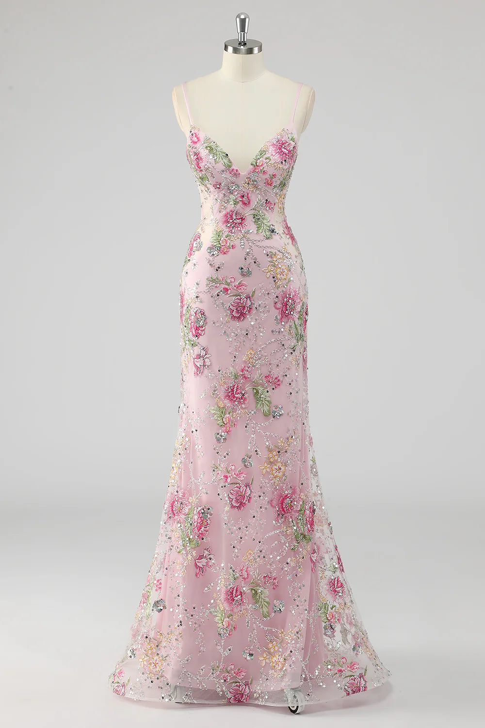 Lilac Mermaid Spaghetti Straps Sequins Long Prom Dress with Floral Appliques