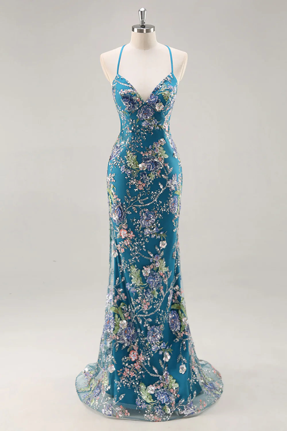 Lilac Mermaid Spaghetti Straps Sequins Long Prom Dress with Floral Appliques