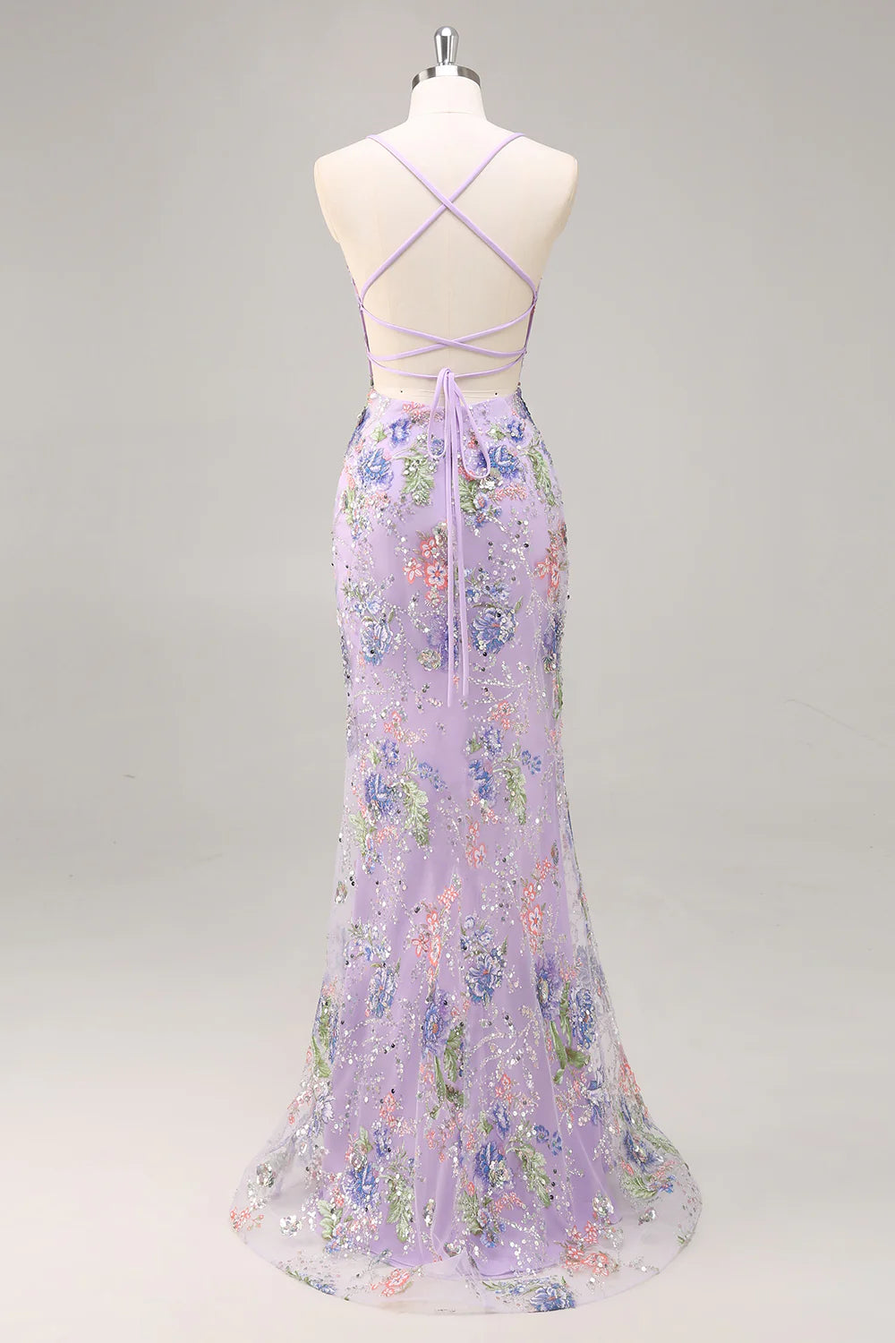 Lilac Mermaid Spaghetti Straps Sequins Long Prom Dress with Floral Appliques