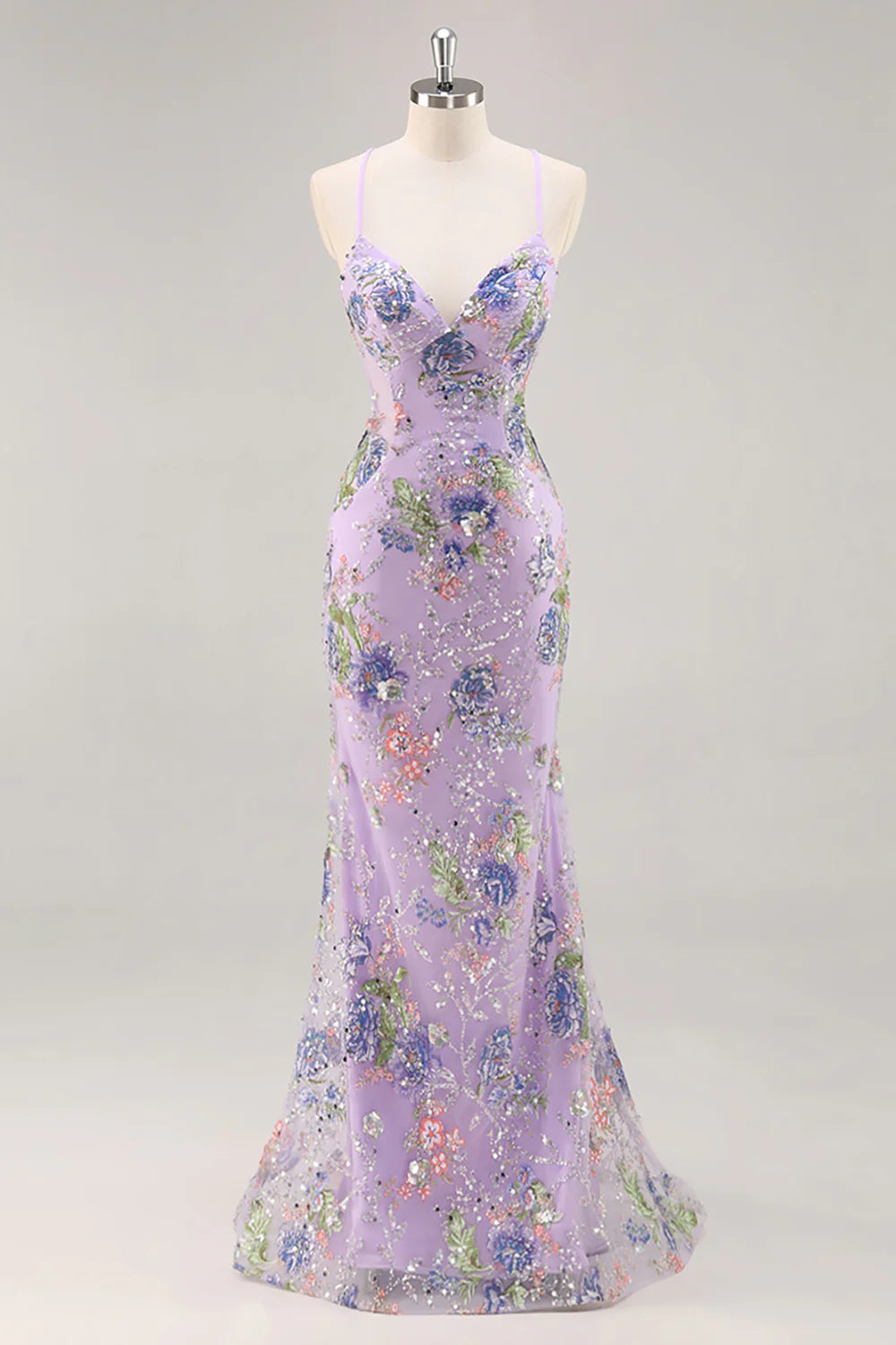Lilac Mermaid Spaghetti Straps Sequins Long Prom Dress with Floral Appliques