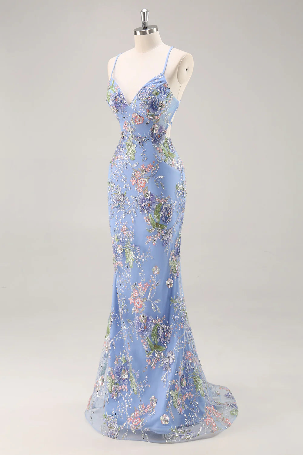 Lilac Mermaid Spaghetti Straps Sequins Long Prom Dress with Floral Appliques