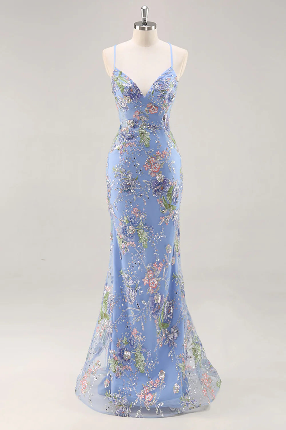 Lilac Mermaid Spaghetti Straps Sequins Long Prom Dress with Floral Appliques