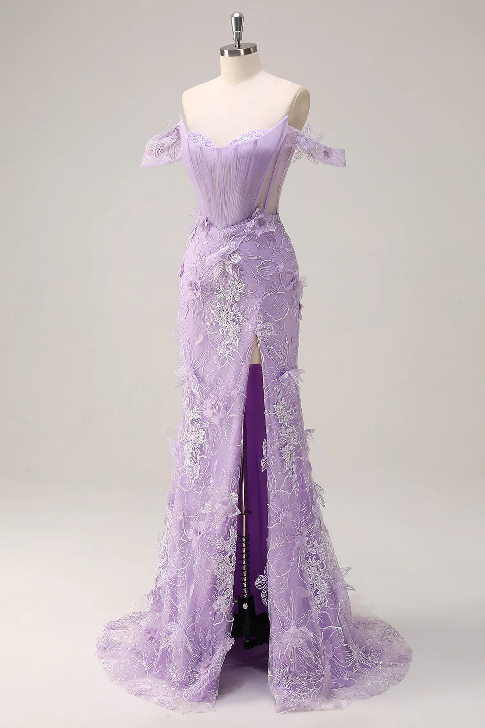 Lilac Pleated Off the Shoulder Mermaid 3D Flowers Beaded Long Corset Prom Dress with Slit