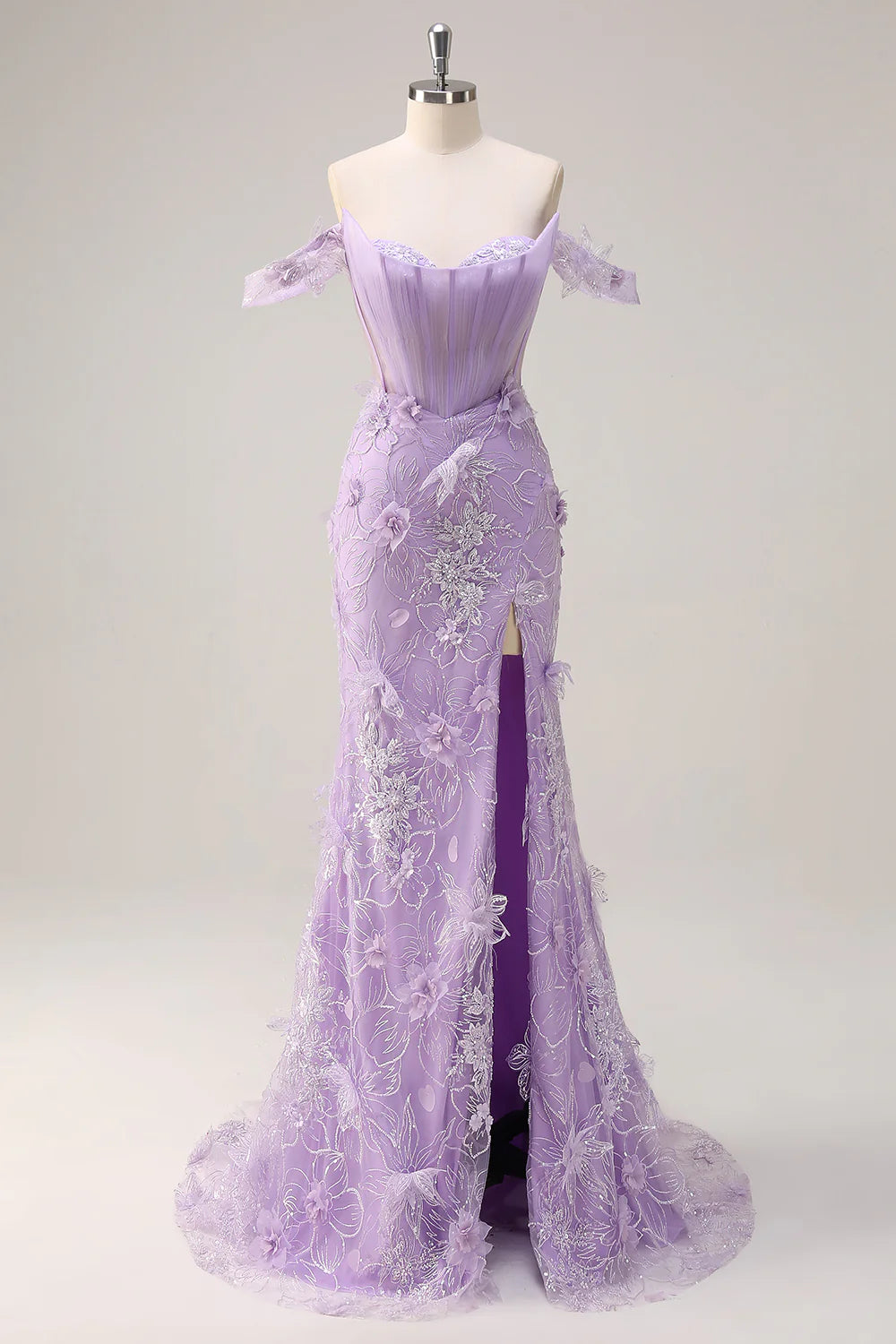 Lilac Pleated Off the Shoulder Mermaid 3D Flowers Beaded Long Corset Prom Dress with Slit