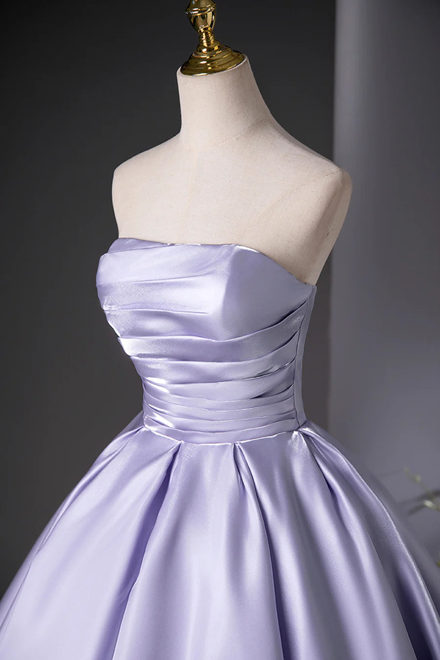 Lilac Satin Back Lace-up Pleats Floor Strapless Length A-Line Prom Dress Party Dress