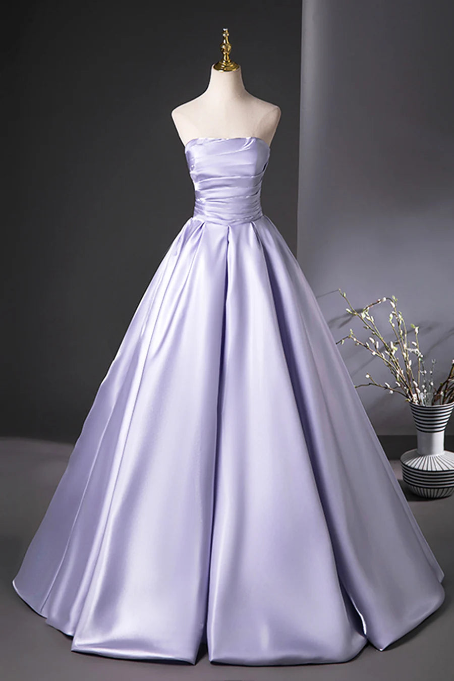 Lilac Satin Back Lace-up Pleats Floor Strapless Length A-Line Prom Dress Party Dress