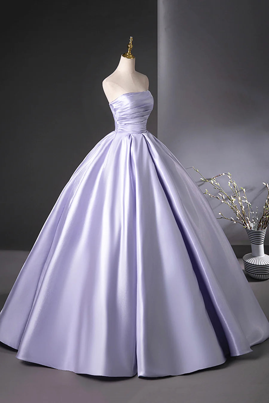 Lilac Satin Back Lace-up Pleats Floor Strapless Length A-Line Prom Dress Party Dress