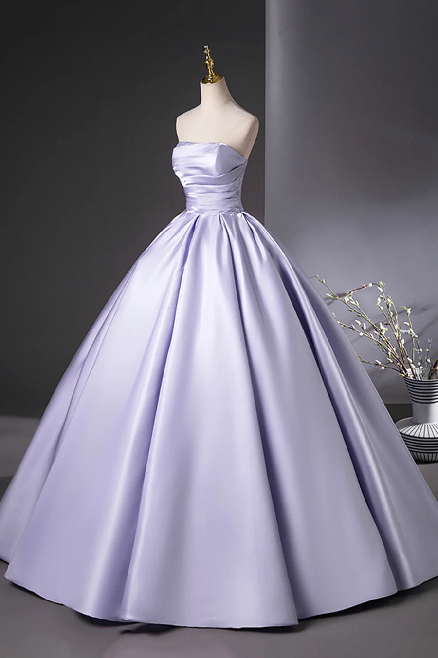 Lilac Satin Back Lace-up Pleats Floor Strapless Length A-Line Prom Dress Party Dress