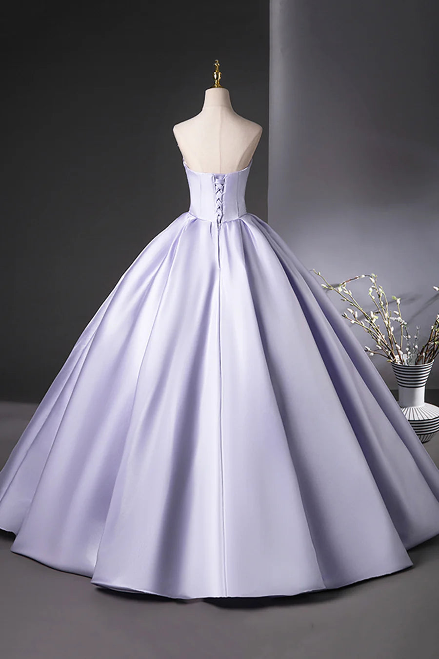 Lilac Satin Back Lace-up Pleats Floor Strapless Length A-Line Prom Dress Party Dress