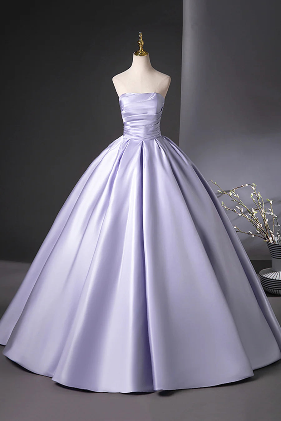 Lilac Satin Back Lace-up Pleats Floor Strapless Length A-Line Prom Dress Party Dress