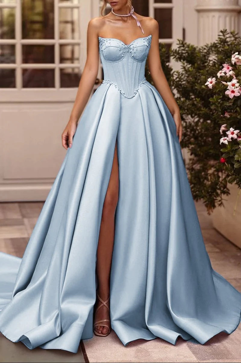 Sage Satin Beaded A-Line Sweetheart Long Corset Prom Dress with High Slit (Gloves are not Included)