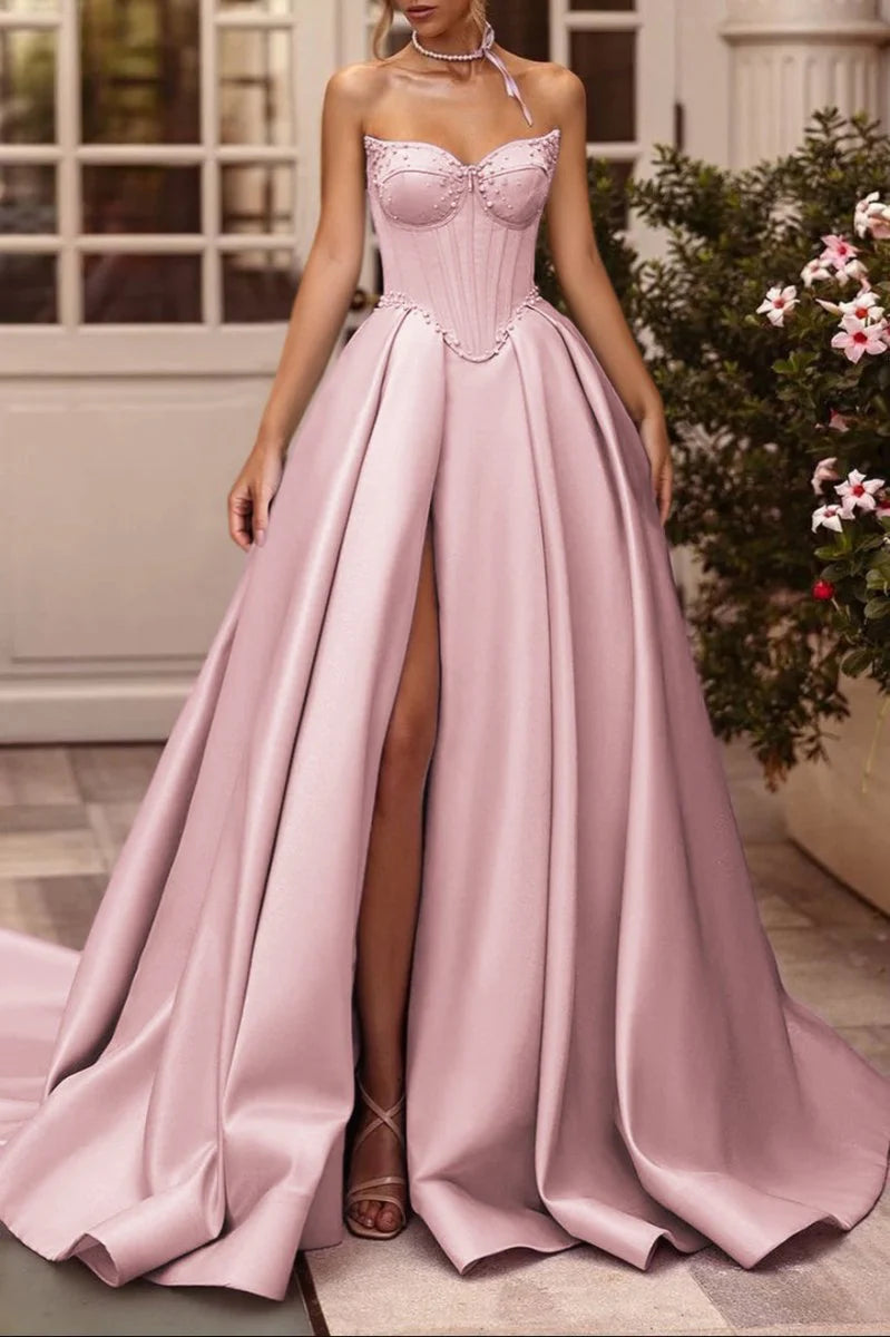 Lilac Satin Beaded A-Line Sweetheart Long Corset Prom Dress with High Slit (Gloves are not Included)