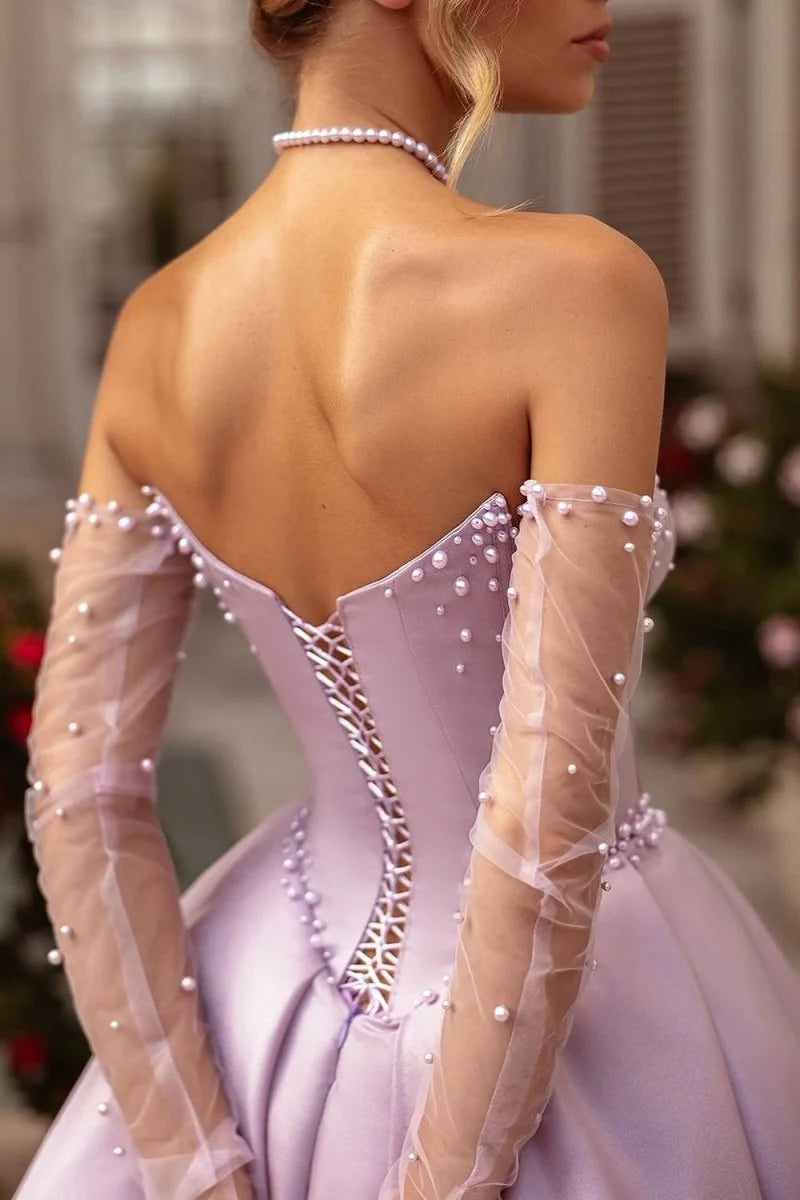 Lilac Satin Beaded A-Line Sweetheart Long Corset Prom Dress with High Slit (Gloves are not Included)