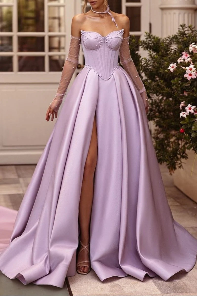 Lilac Satin Beaded A-Line Sweetheart Long Corset Prom Dress with High Slit (Gloves are not Included)