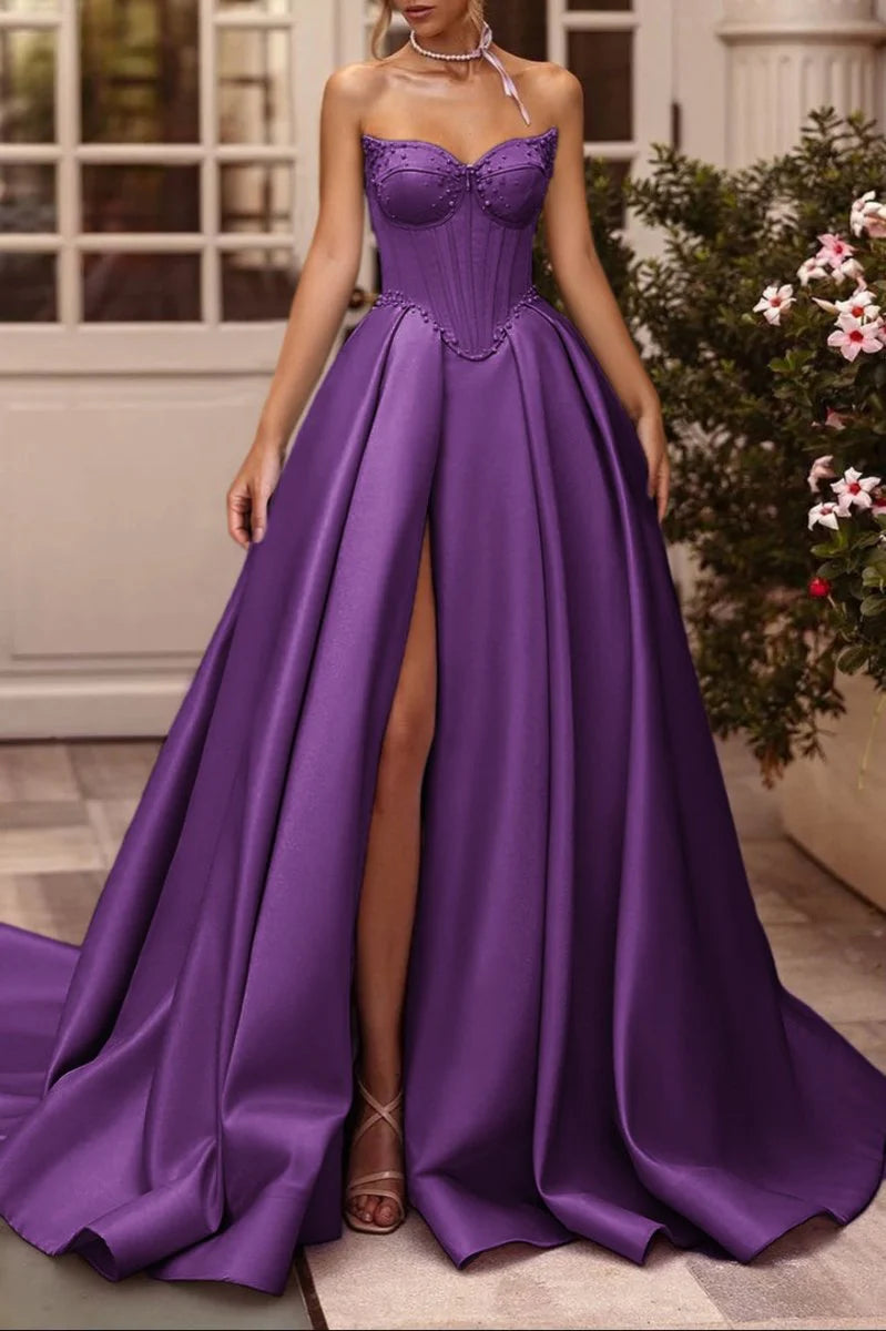 Sage Satin Beaded A-Line Sweetheart Long Corset Prom Dress with High Slit (Gloves are not Included)