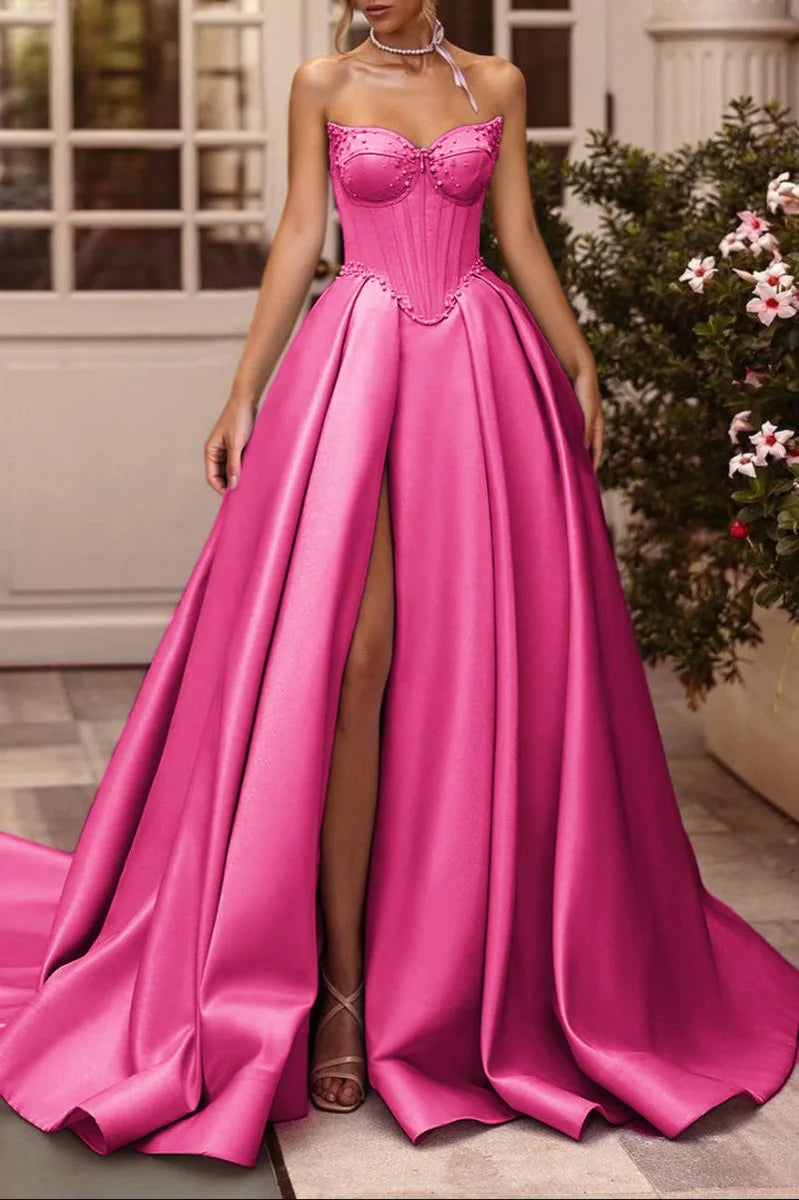 Sage Satin Beaded A-Line Sweetheart Long Corset Prom Dress with High Slit (Gloves are not Included)