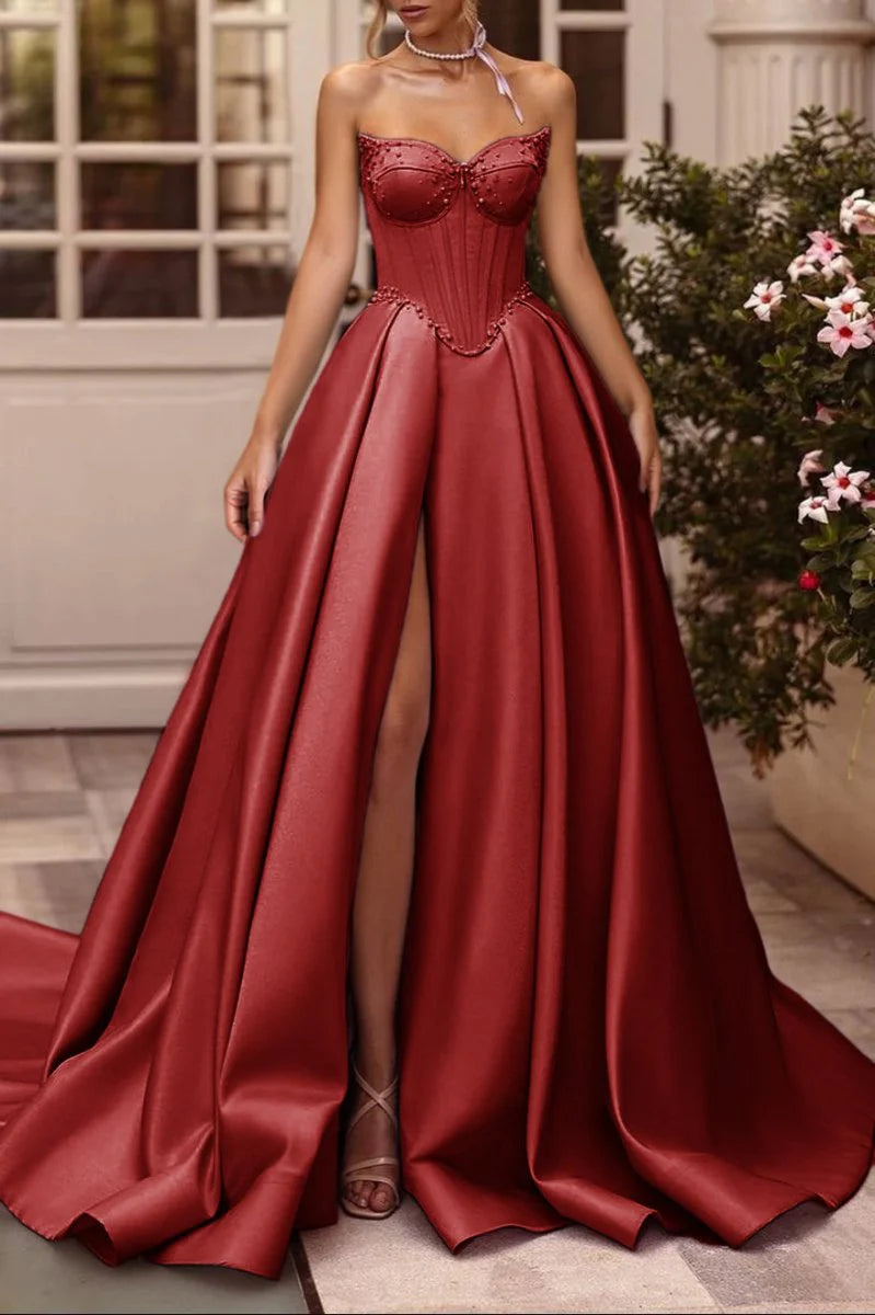 Sage Satin Beaded A-Line Sweetheart Long Corset Prom Dress with High Slit (Gloves are not Included)