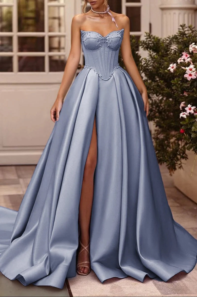 Lilac Satin Beaded A-Line Sweetheart Long Corset Prom Dress with High Slit (Gloves are not Included)