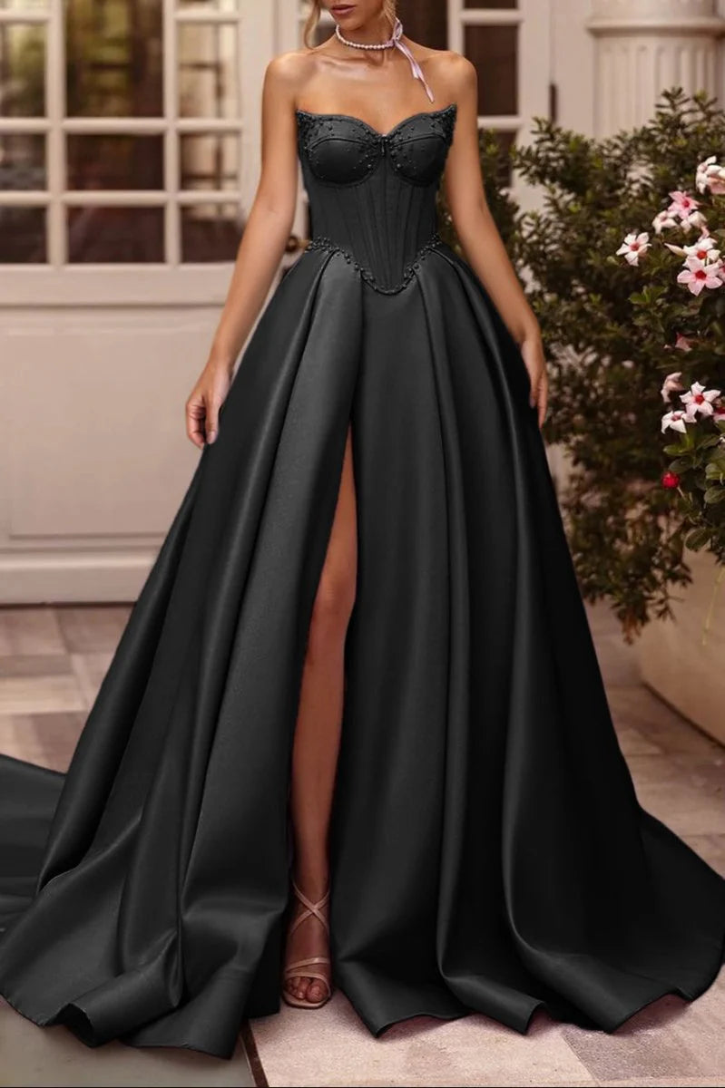 Lilac Satin Beaded A-Line Sweetheart Long Corset Prom Dress with High Slit (Gloves are not Included)