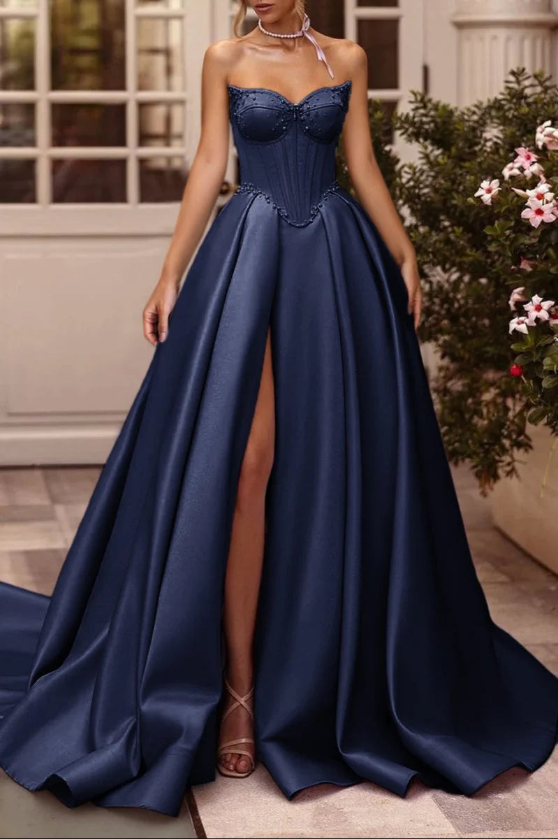 Lilac Satin Beaded A-Line Sweetheart Long Corset Prom Dress with High Slit (Gloves are not Included)