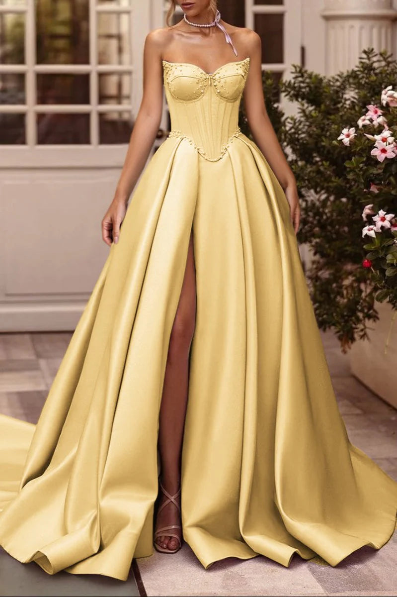 Lilac Satin Beaded A-Line Sweetheart Long Corset Prom Dress with High Slit (Gloves are not Included)