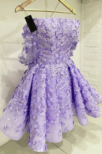 Lilac Satin Lace Appliques Strapless A-Line Empire-Waist Short Homecoming Dress Lilac Prom Dress