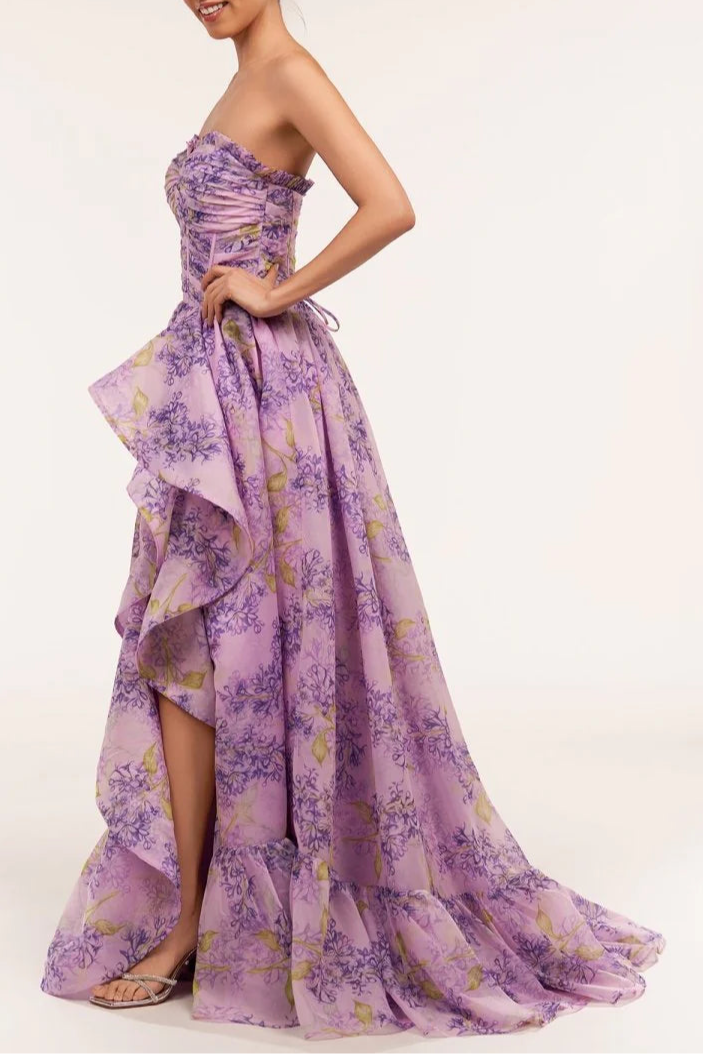Lilac Tulle Floral A-Line Corset Detachable Sweetheart Neck Floor Length Long Split Prom Dress